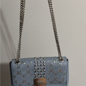 Pastel Blue Quilted Shoulder Bag with Chain Strap and Gold Clasp